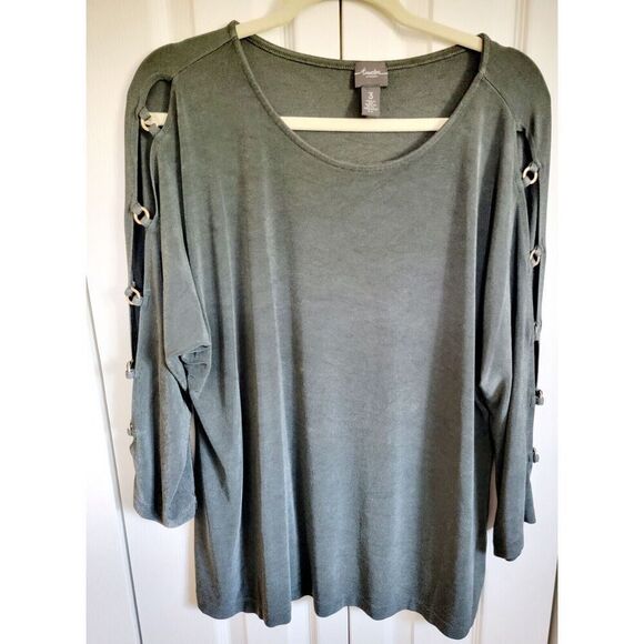 Chico's‎ Travelers 3 Olive Green LS Brass Ringlet Open Sleeve Top Blouse USA Vtg - Picture 1 of 9